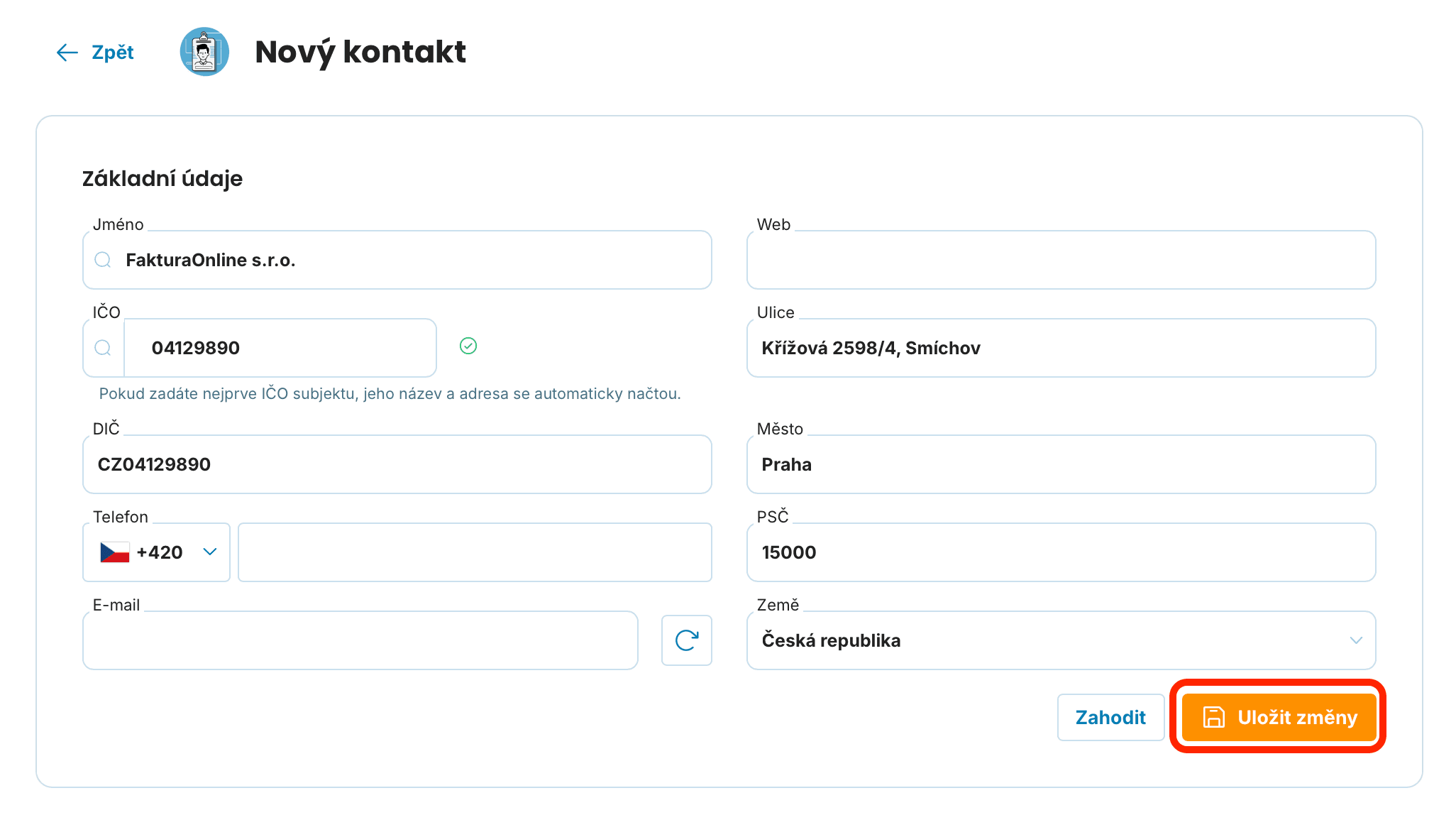 Nový kontakt uložení preview