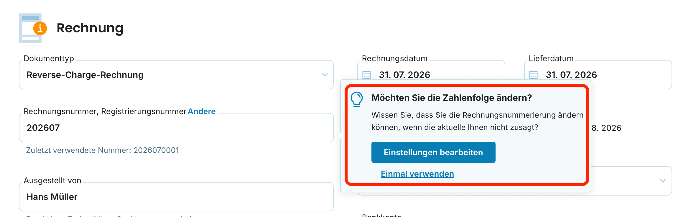 Nummer beim Ausstellen ändern preview