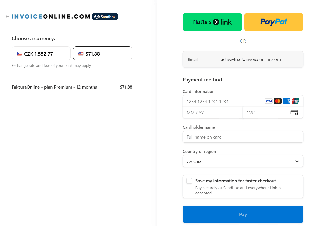 Payment for subscription invoiceonline.com