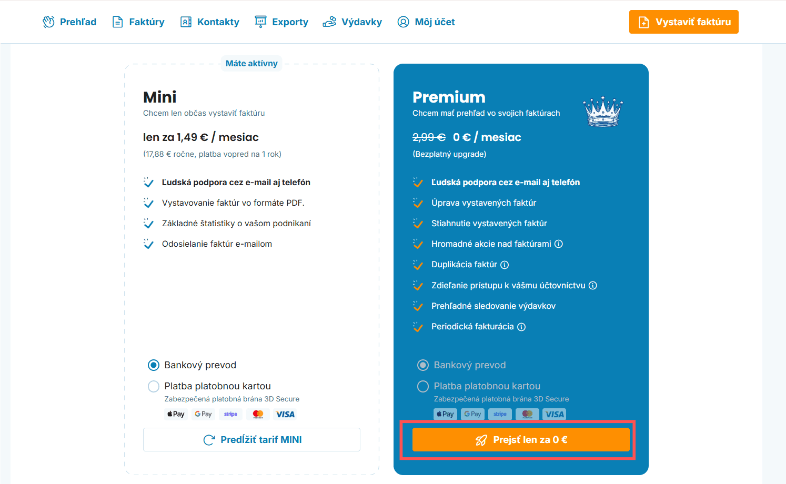 Prechod na tarif PREMIUM v účte preview
