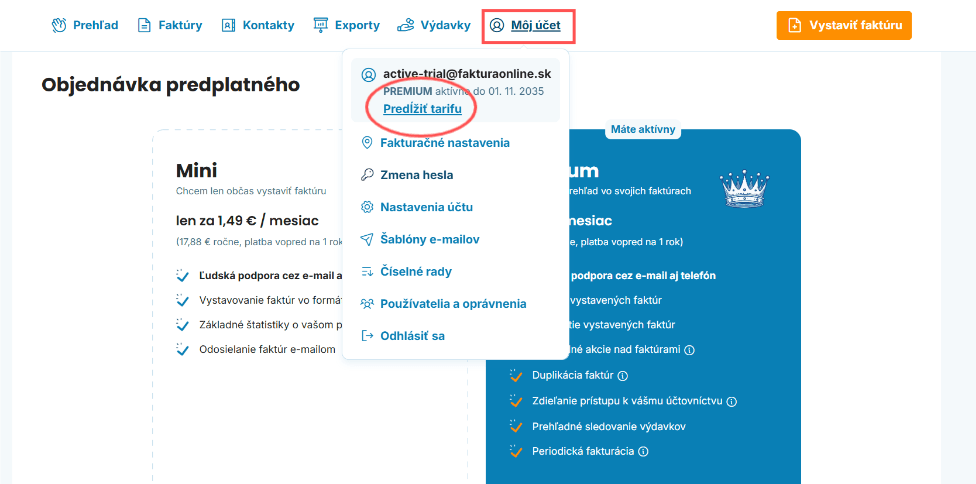 Predĺženie plánu fakturaonline.sk