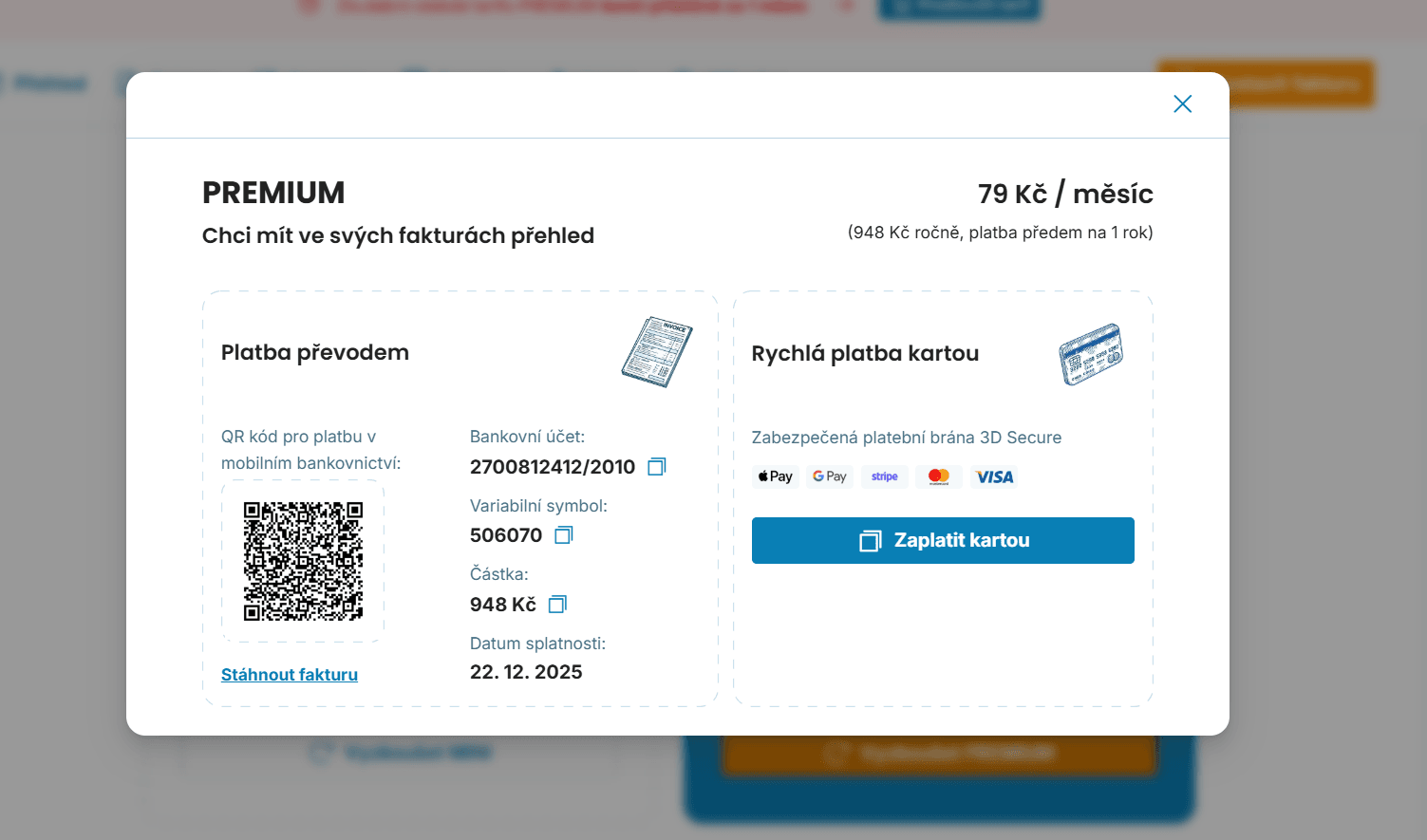 Platba prodloužení tarifu rozhraní