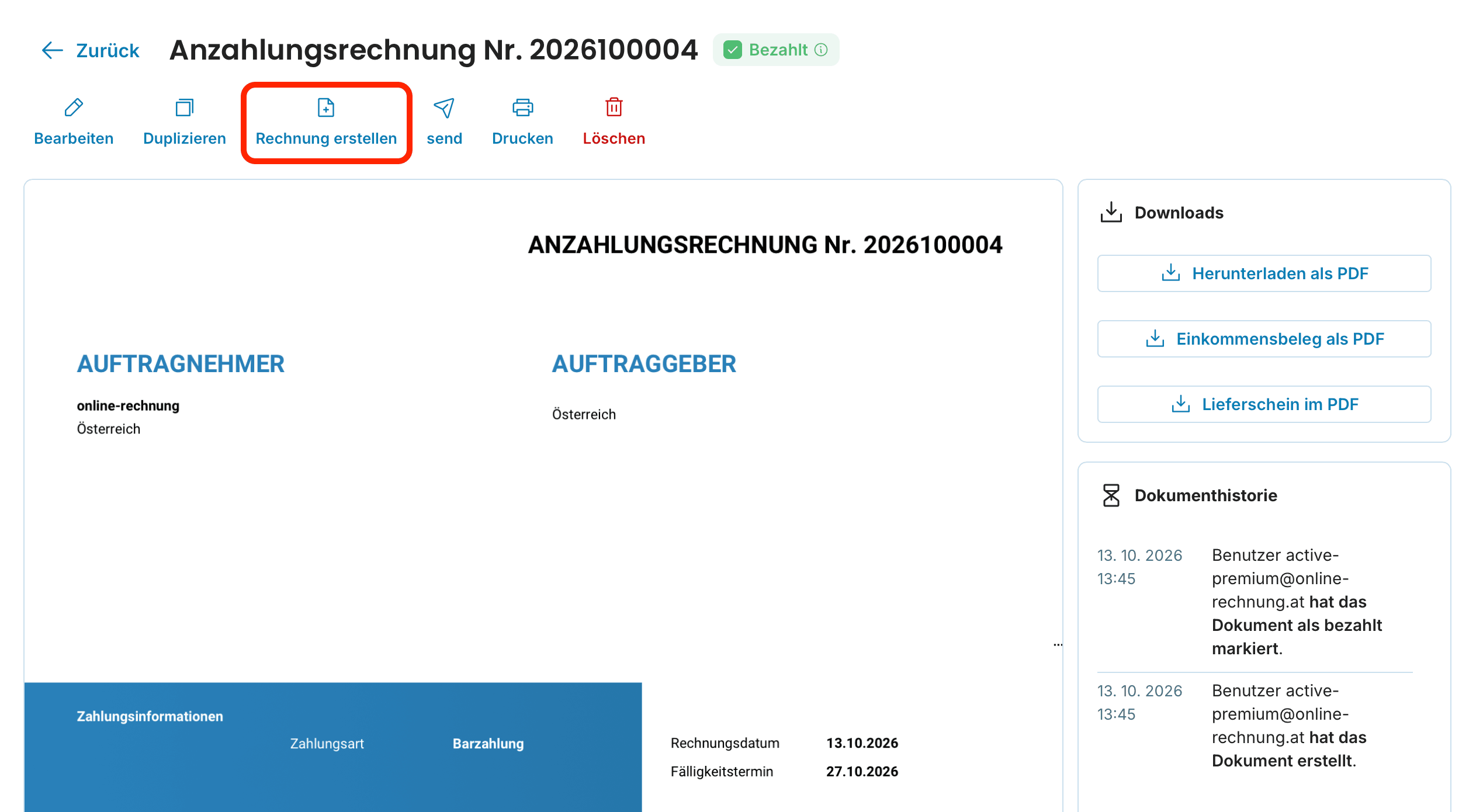 Detail der Anzahlungsrechnung mit der Schaltfläche Rechnung erstellen