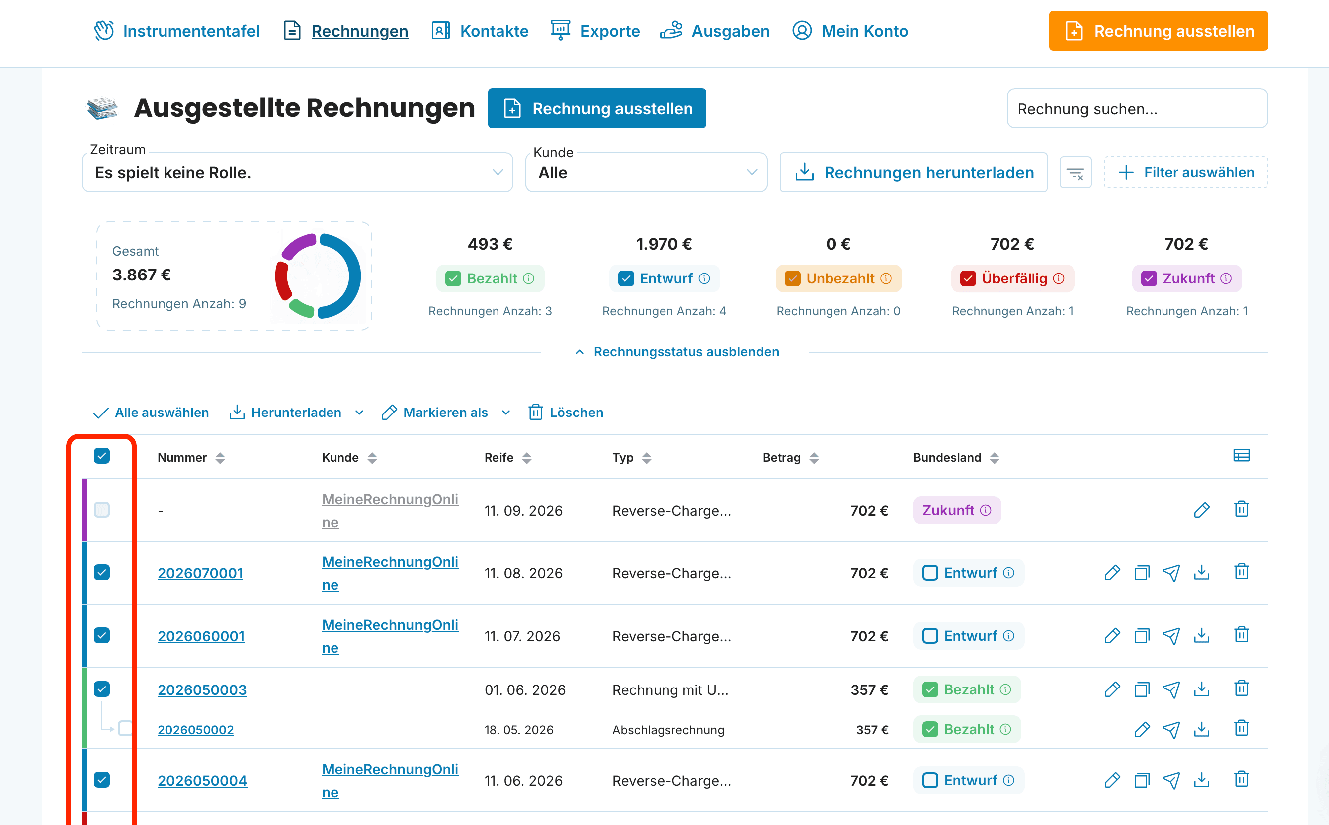 Rechnungen mit Sammelaktionen nach Excel exportieren preview