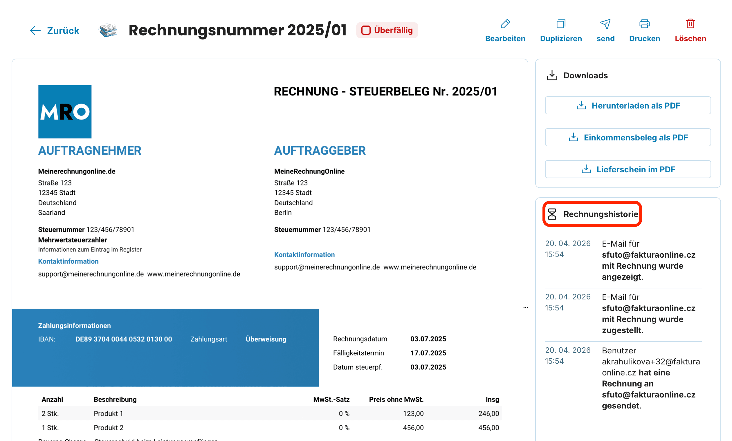 Rechnungshistorie Vorschau