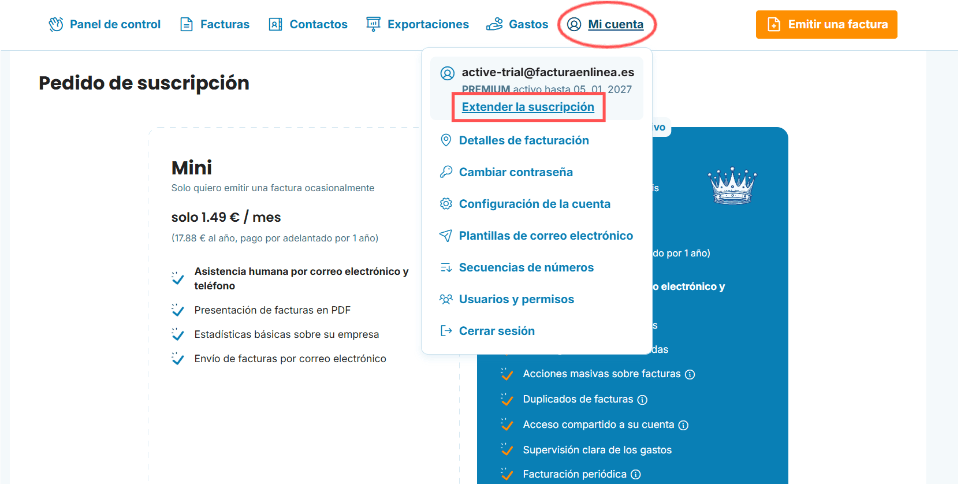 Renovación del plan en factura-enlinea.es