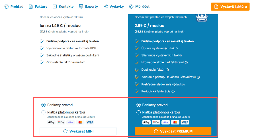 Rozhranie výberu platby fakturaonline.sk