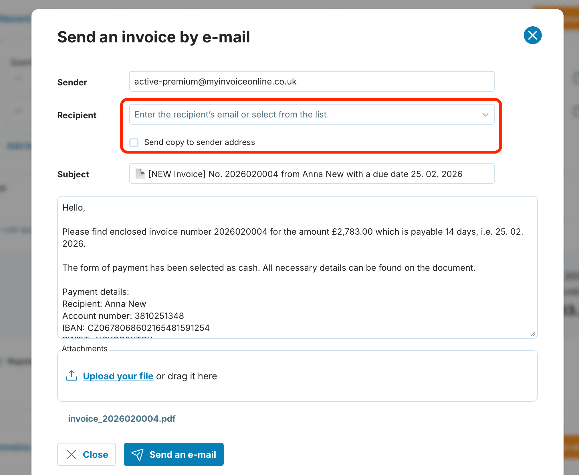 Send an invoice by e-mail preview