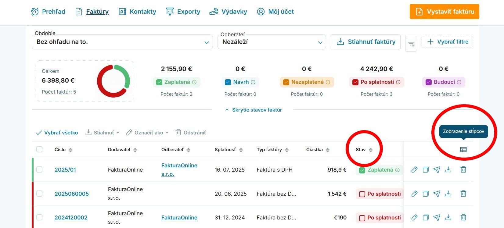 Zobrazenie funkcie Stĺpce a Stav vo FakturaOnline.sk