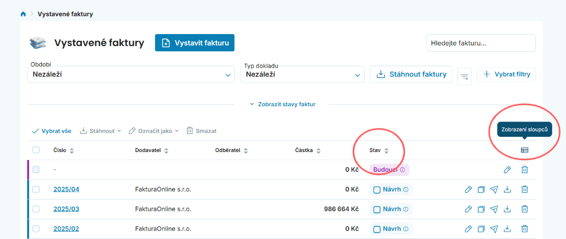 Funkce Zobrazení sloupců, Stav ve FakturaOnline.cz