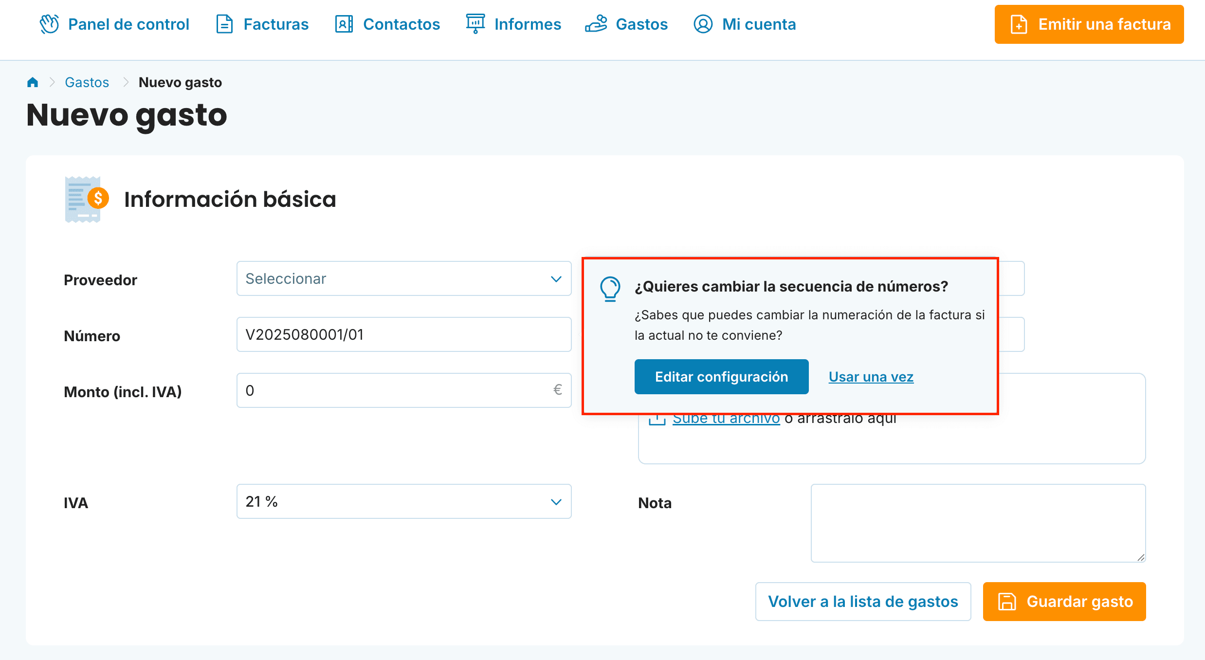la numeración para Gastos