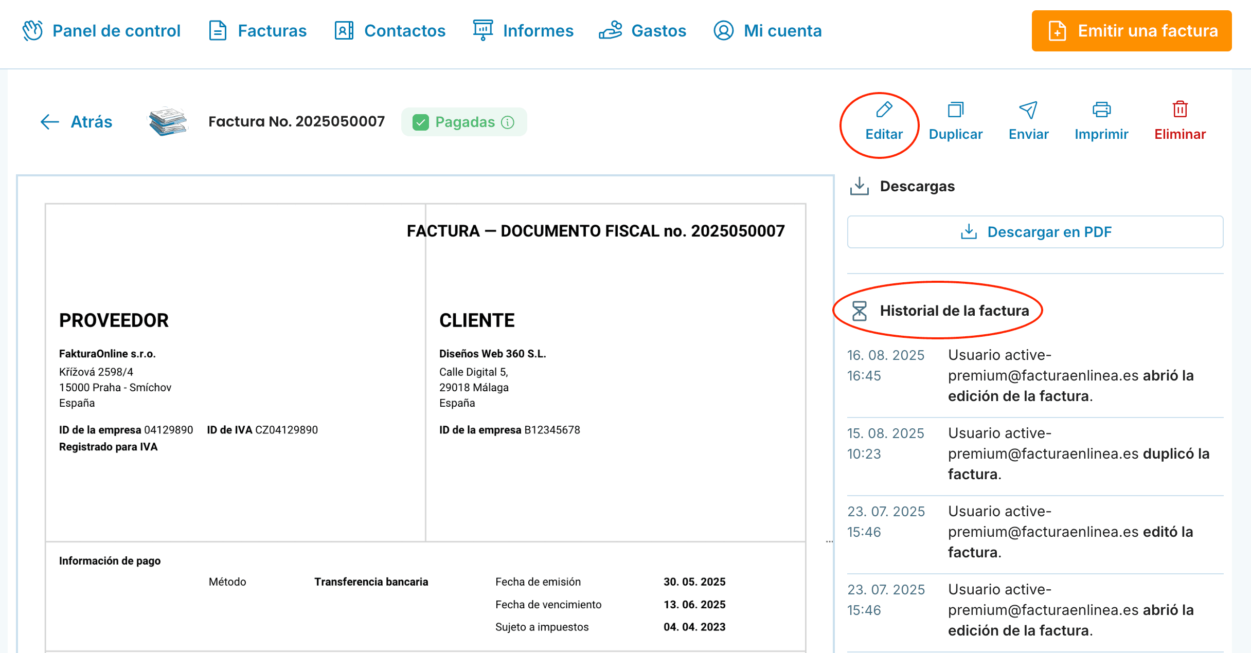 Historial de la factura