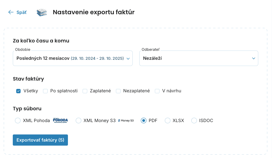 Nastavenie exportu faktúr