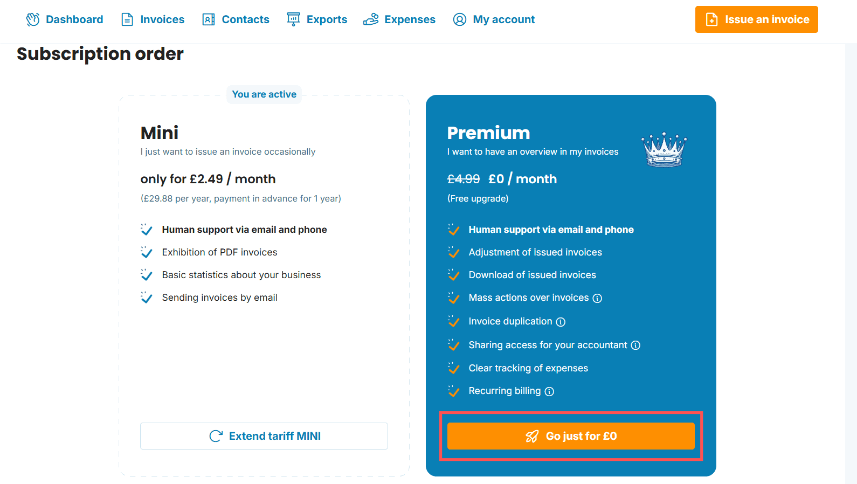 Switch to the PREMIUM plan in your account preview