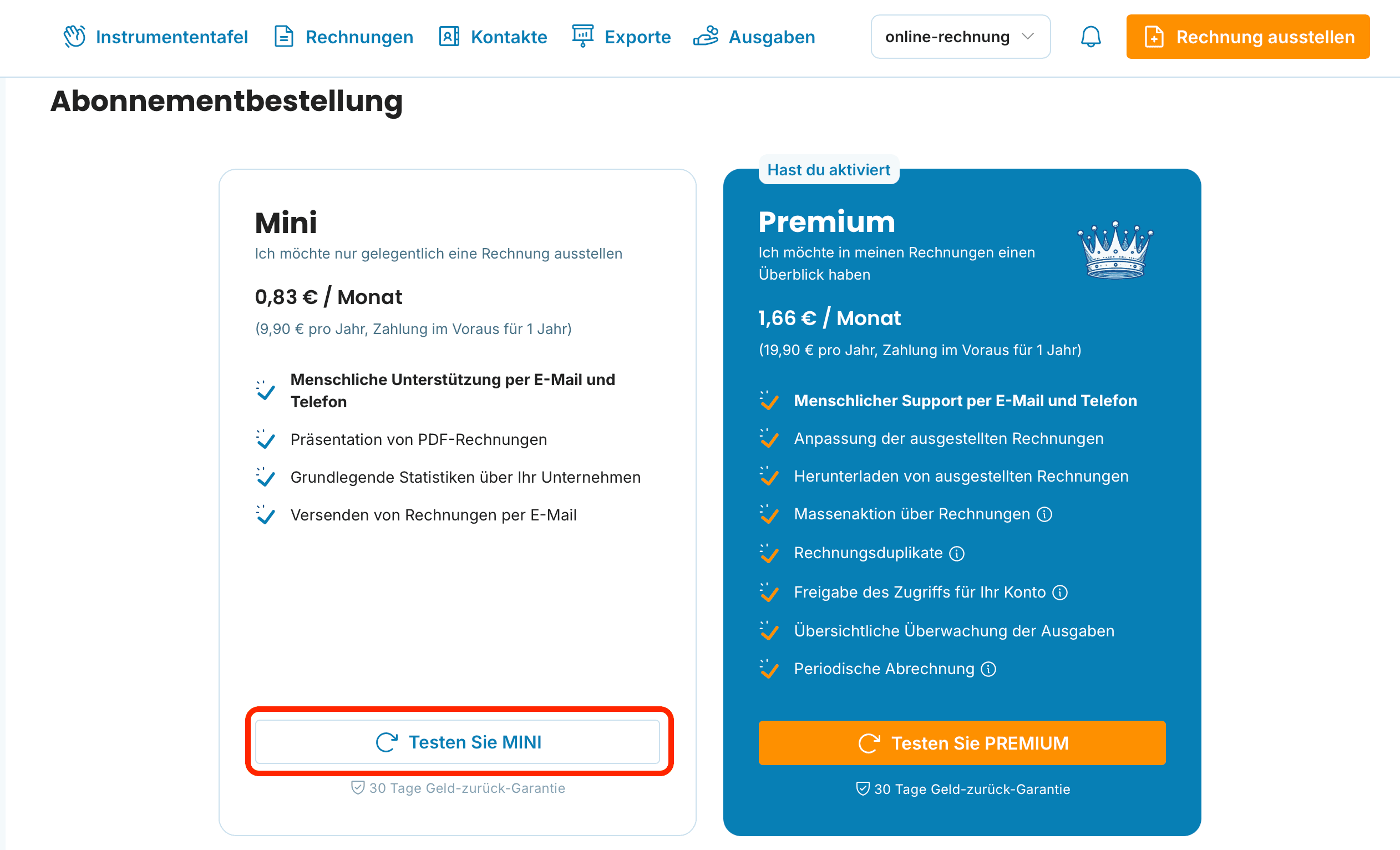 Abonnementbestellung – Testen Sie MINI