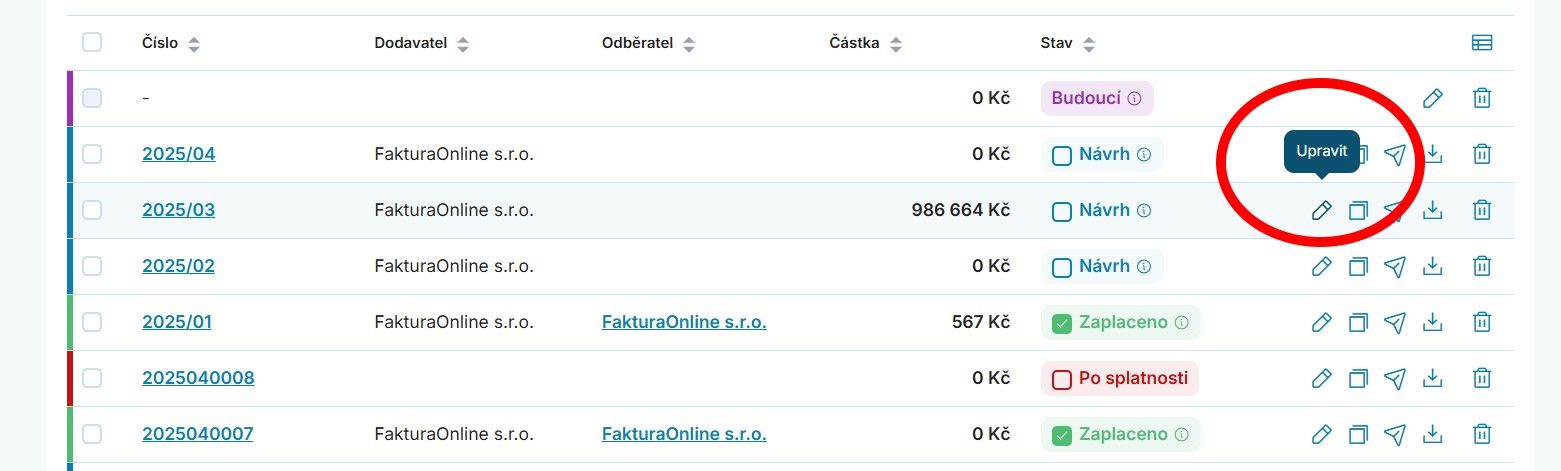 Funkce "upravit" v rozhraní FakturaOnline.cz