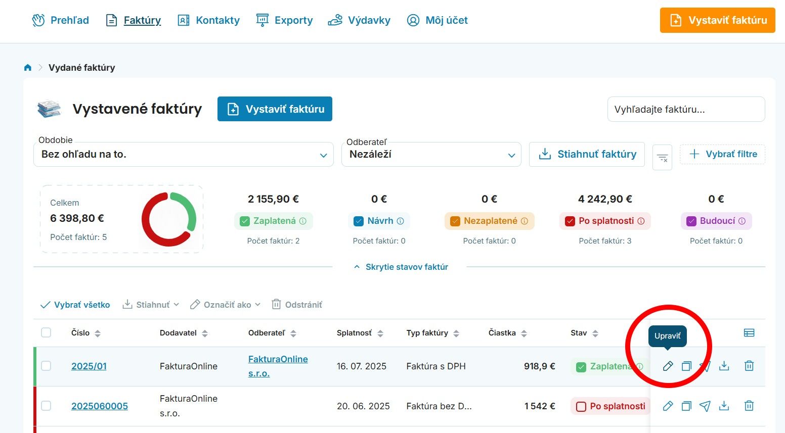 Funkcia „upraviť“ v rozhraní FakturaOnline.sk