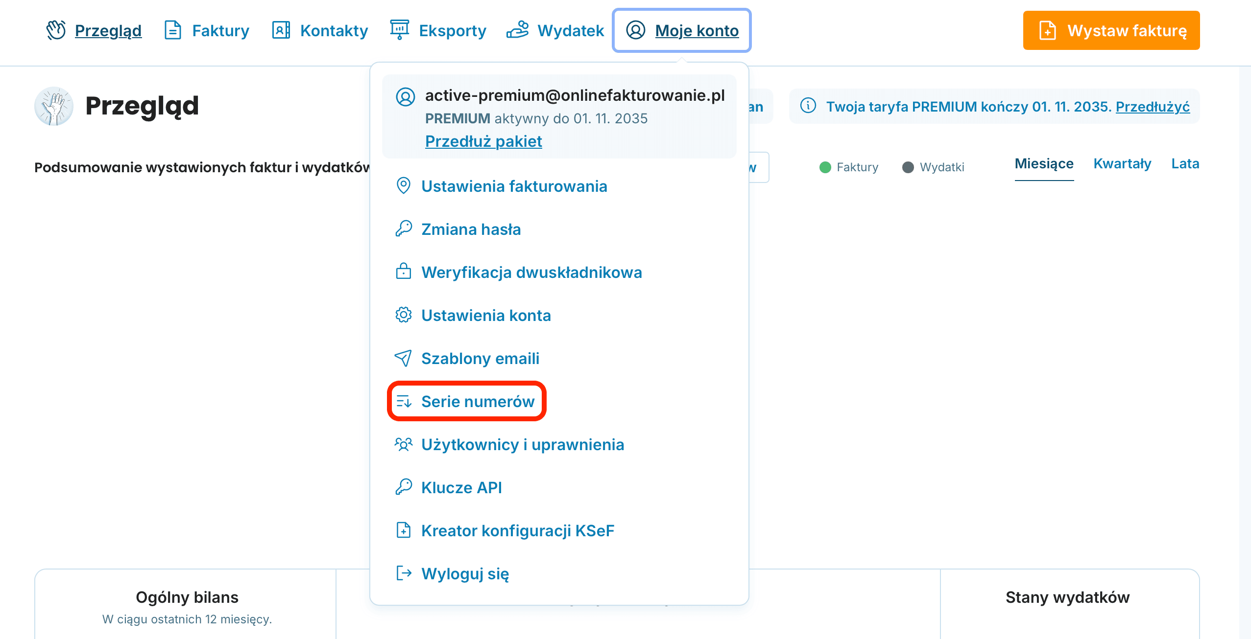 Ustawienia serii numerów w sekcji Moje konto preview