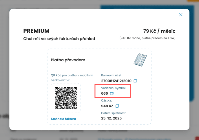 Variabilní symbol pro platbu na fakturaonline.cz