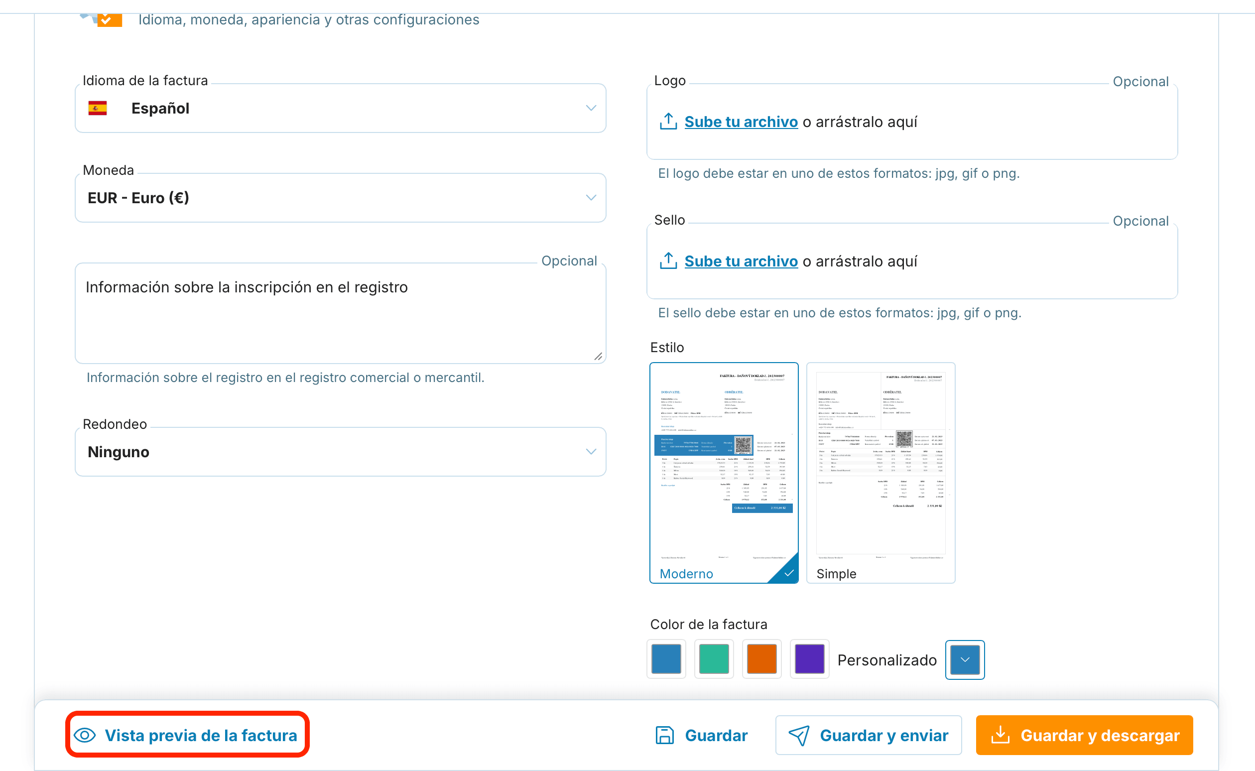 Vista previa de la factura preview