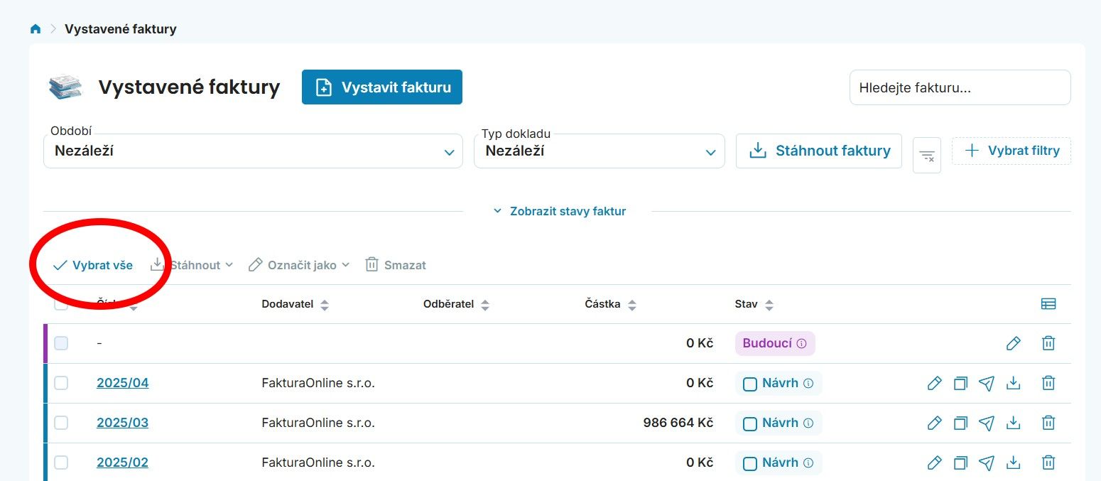 Funkce "vybrat vše" v rozhraní aplikace FakturaOnline.cz