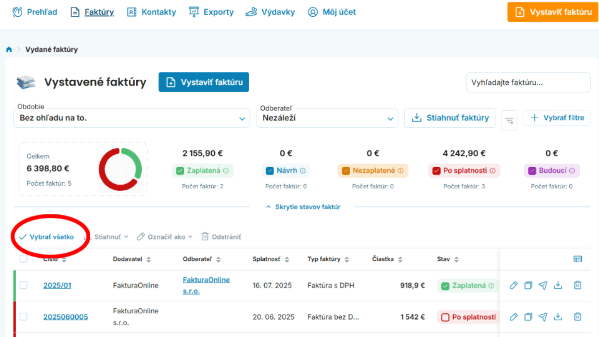 Funkcia „Vybrať všetko“ v rozhraní FakturaOnline.sk