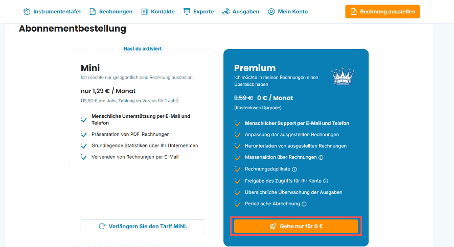 Wechsel zum PREMIUM-Tarif im Konto Vorschau