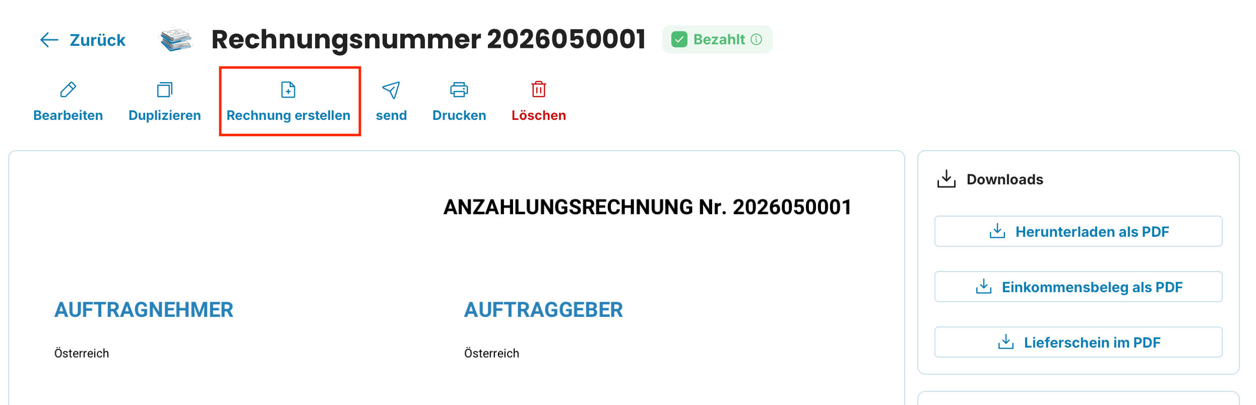 Wie man eine Rechnung aus einer Anzahlungsrechnung erstellt - AT - 1