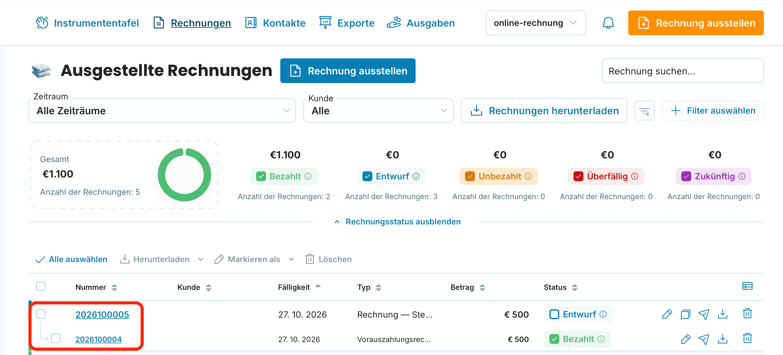 Verknüpfte Anzahlungsrechnung und Endrechnung in der Liste Ausgestellte Rechnungen