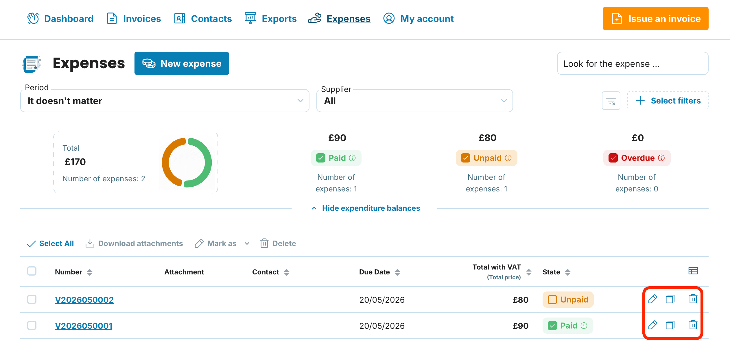 Working with expenses in the list preview