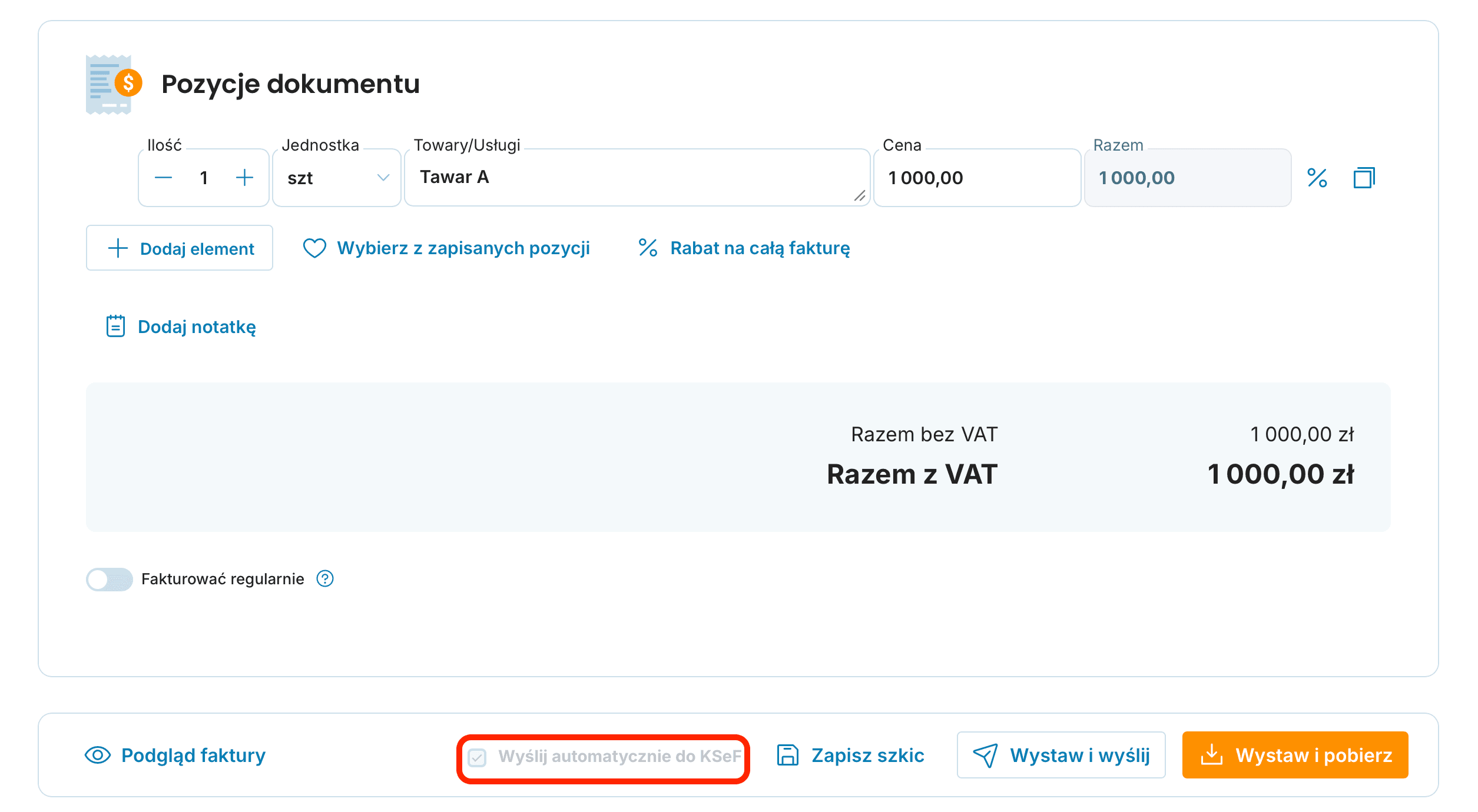 Wyślij automatycznie do KSeF (bez VAT) preview