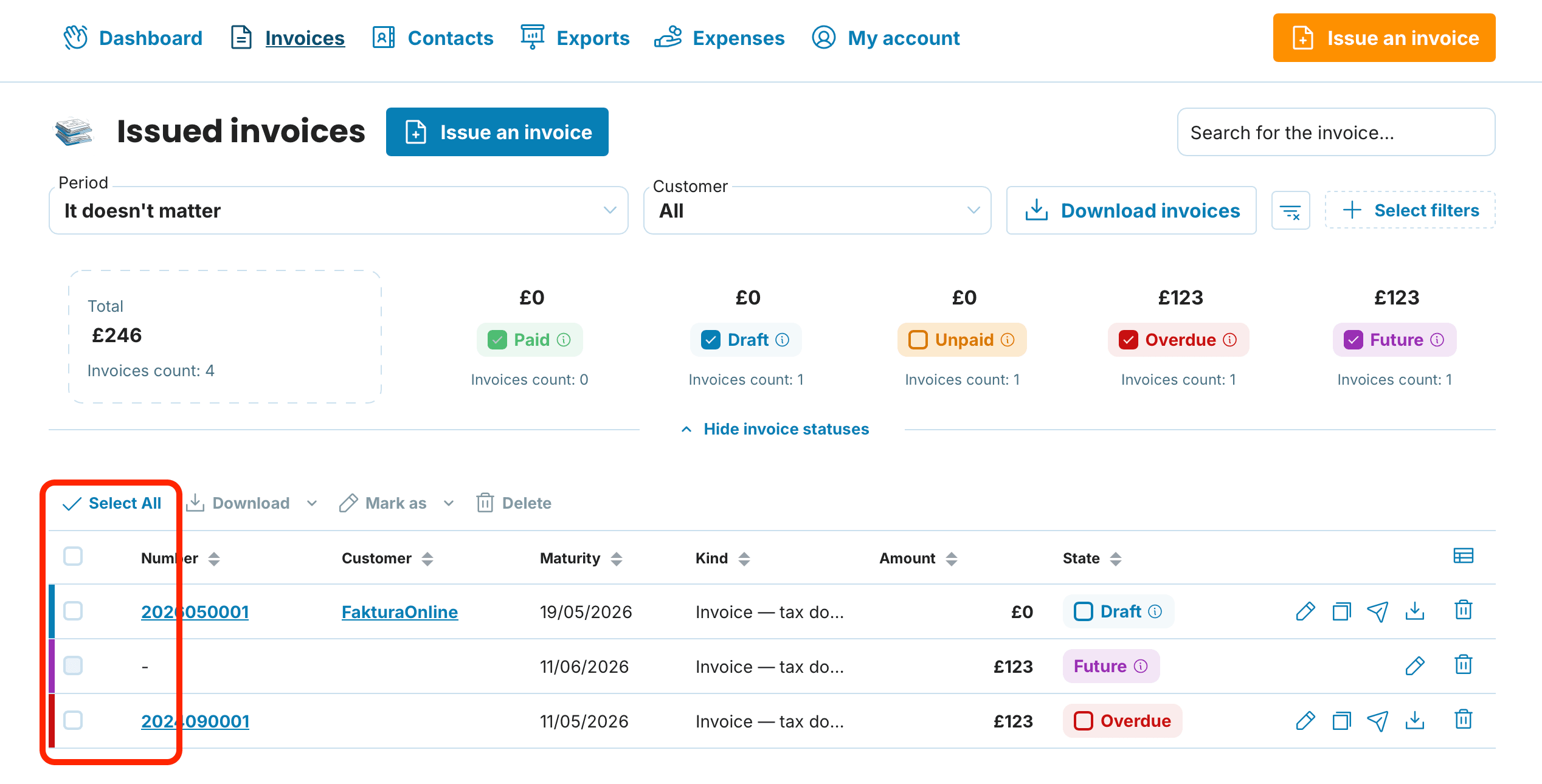 bulk download inside Issued Invoices preview