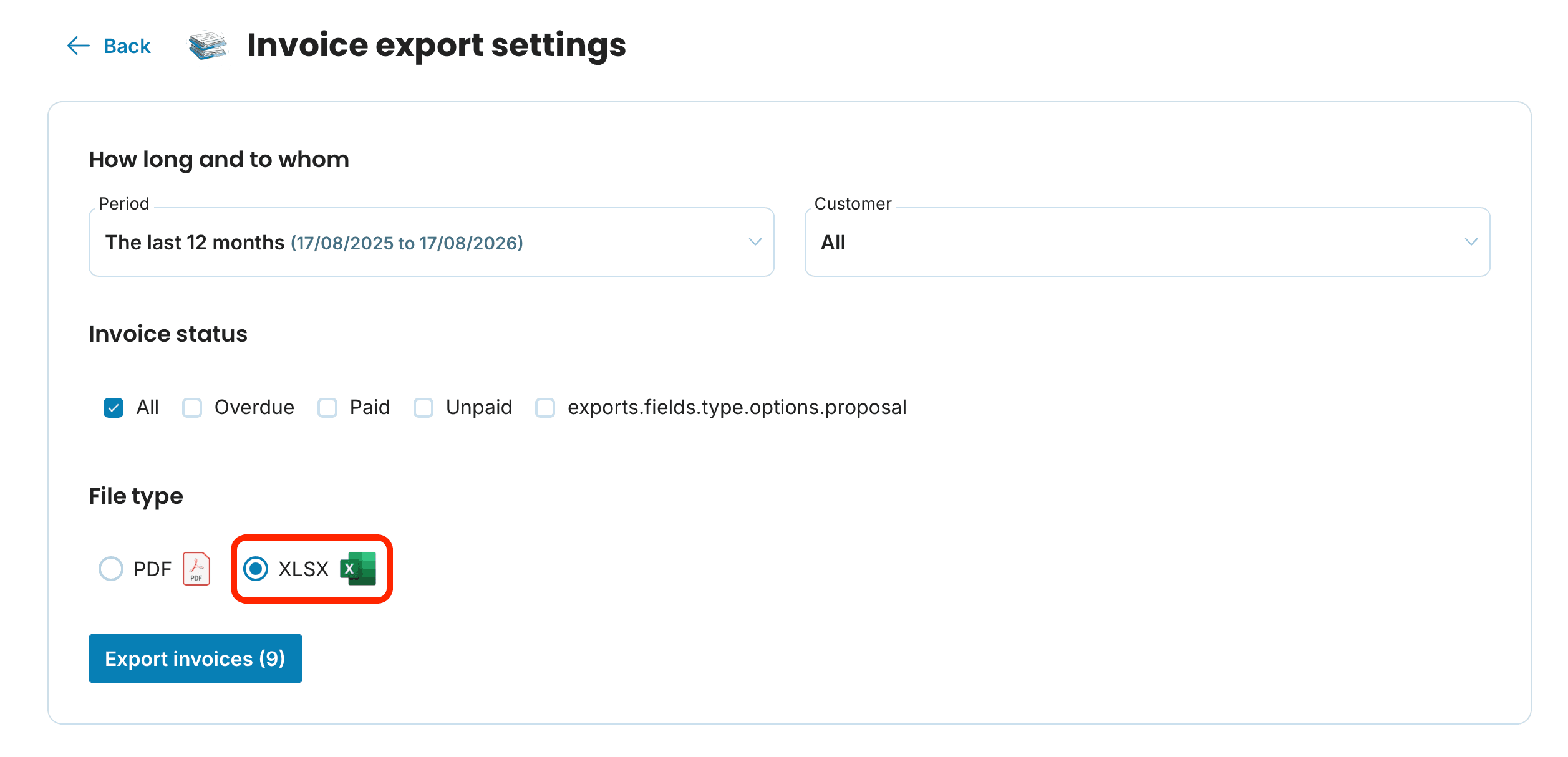 bulk export from Exports settings preview