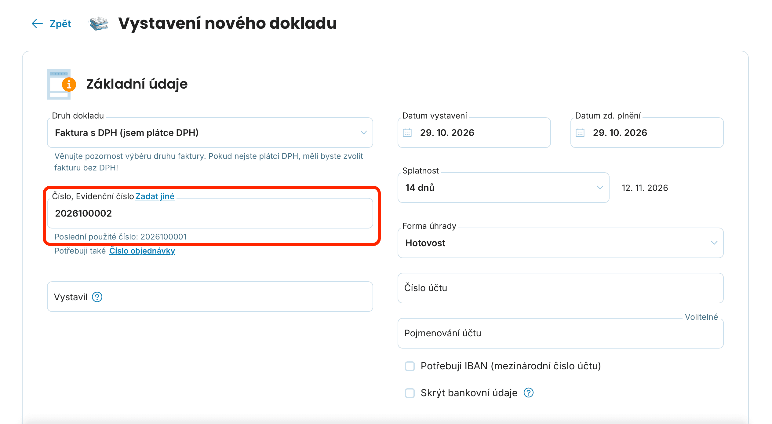 evidenční číslo dokladu preview
