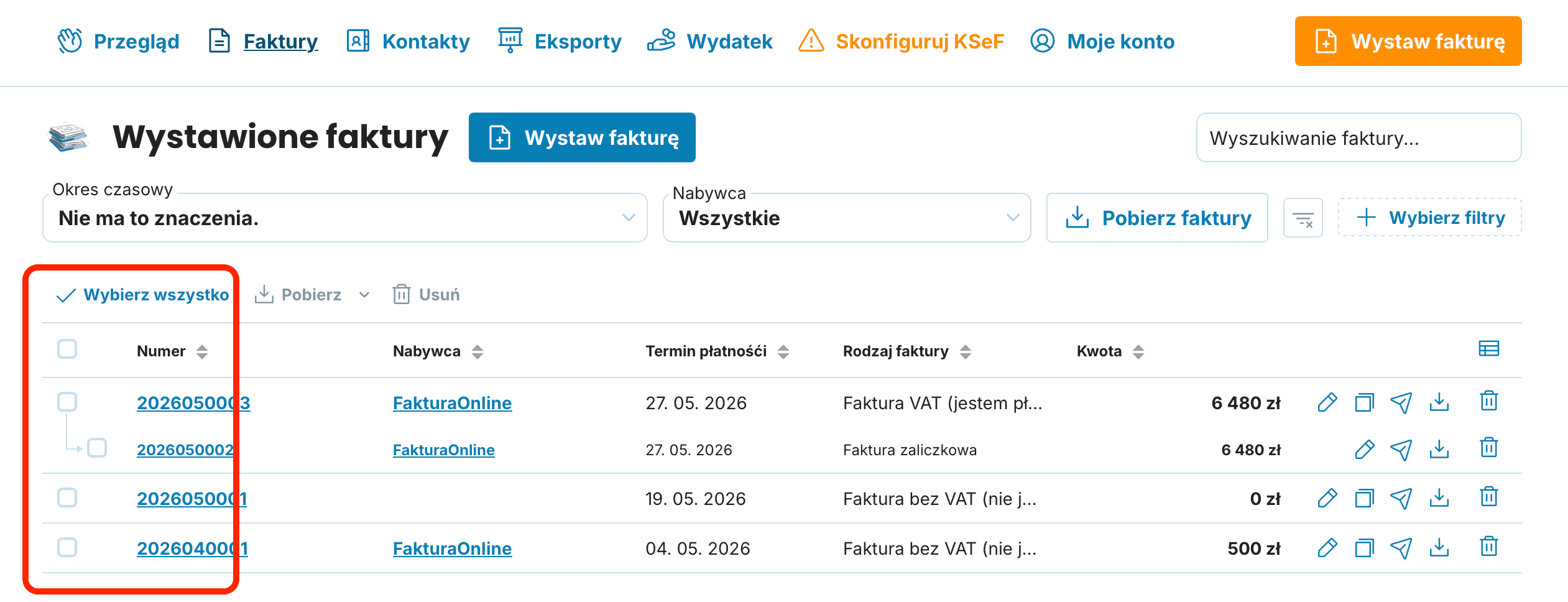 masowe pobierania z Wystawionych faktur preview