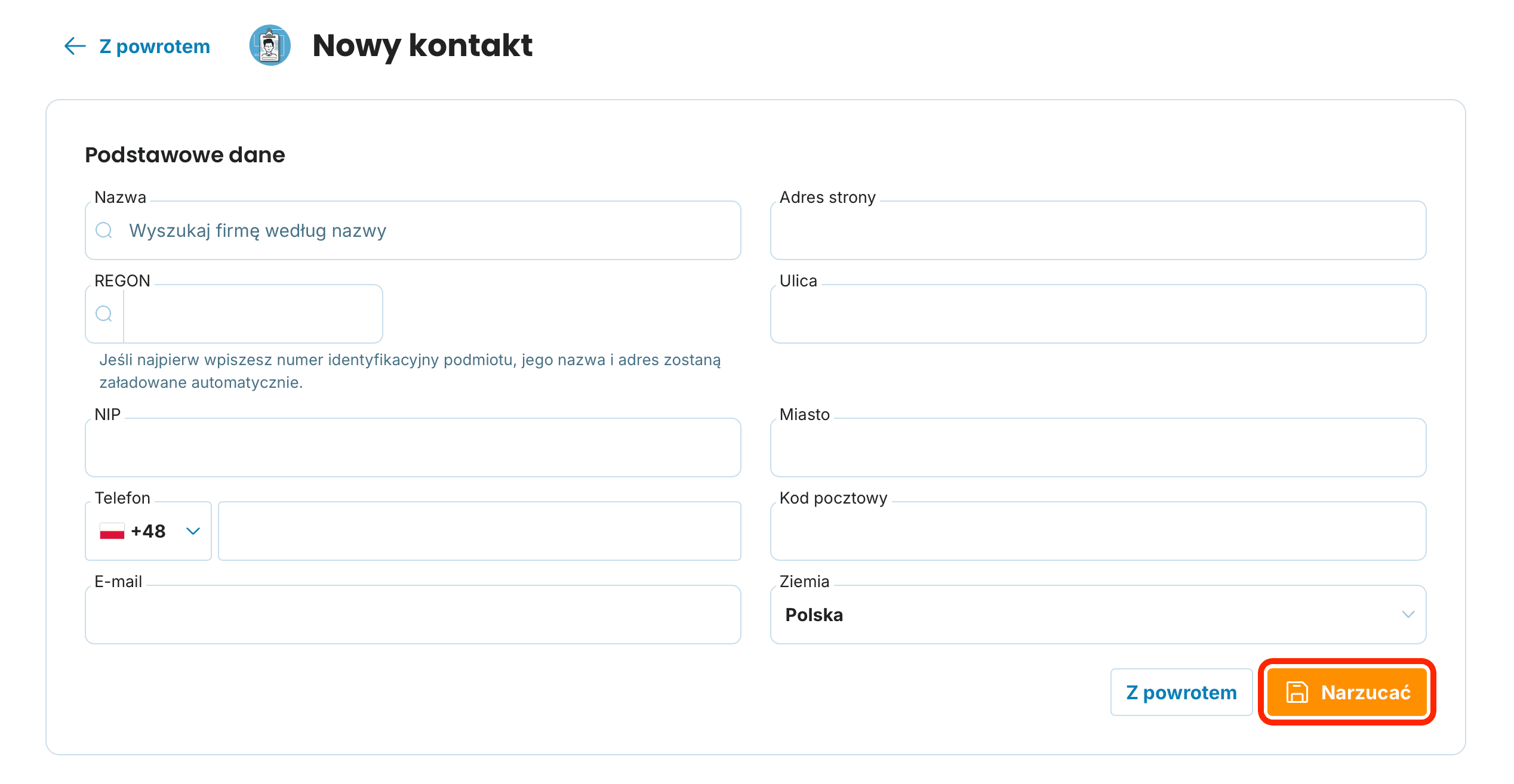 zapisać zmiany Nowy kontakt preview